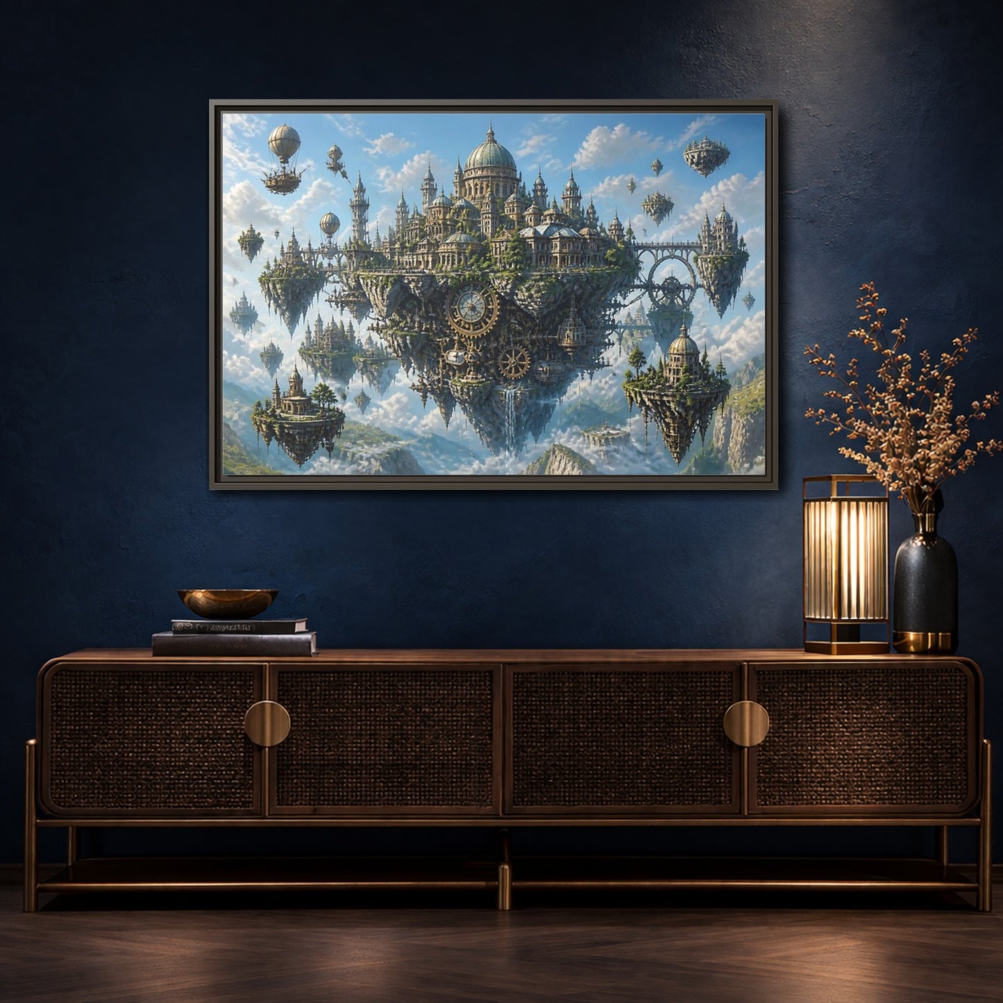 Mockup 4. Skybound Clockwork City shown as framed canvas print