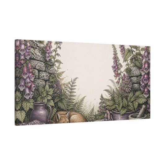 Main Mockup. Sleeping Fox Among Foxgloves shown as canvas print