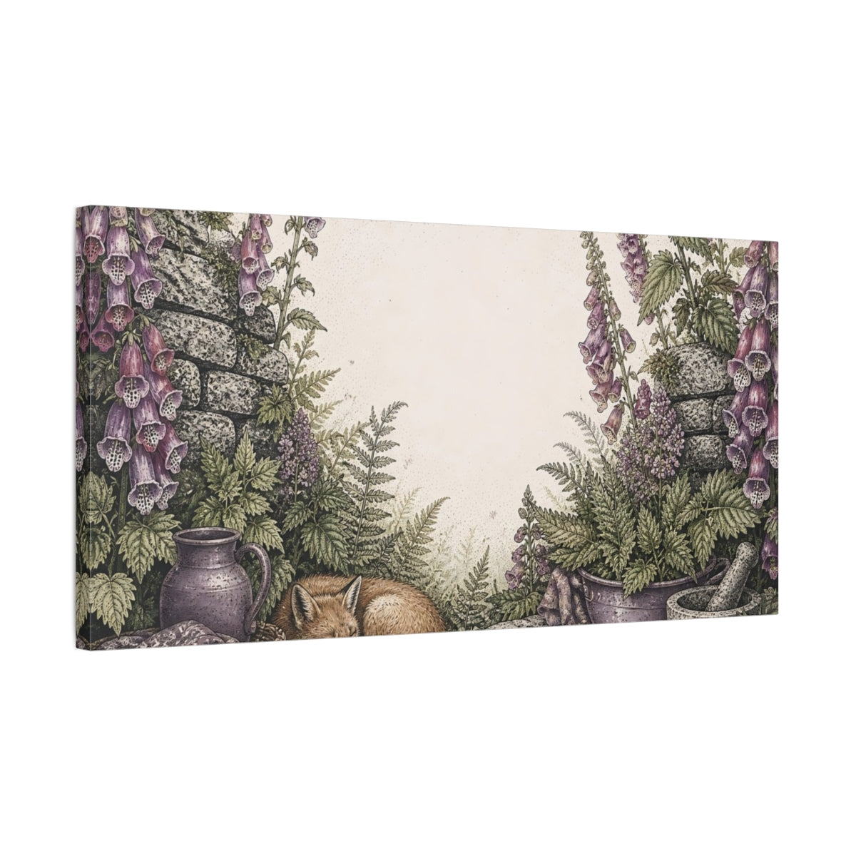 Side Mockup 1. Sleeping Fox Among Foxgloves shown as canvas print
