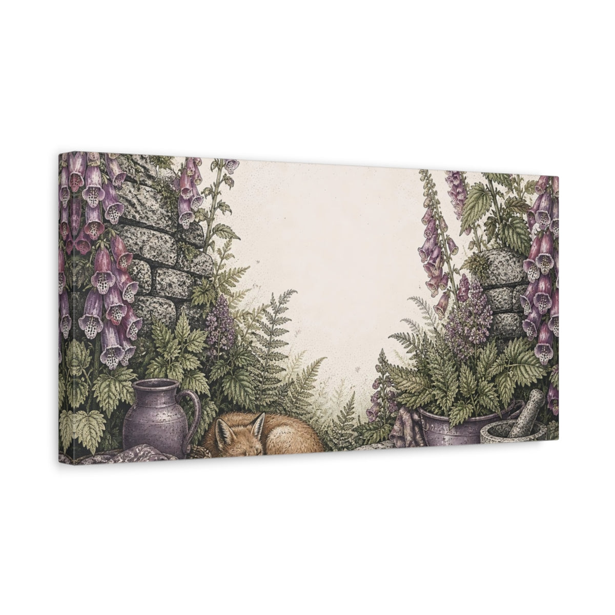 Side Mockup 3. Sleeping Fox Among Foxgloves shown as canvas print