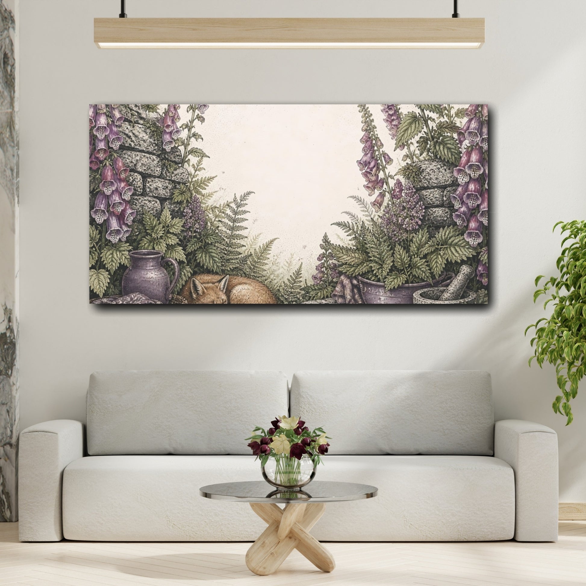 Mockup 2. Sleeping Fox Among Foxgloves shown as canvas print