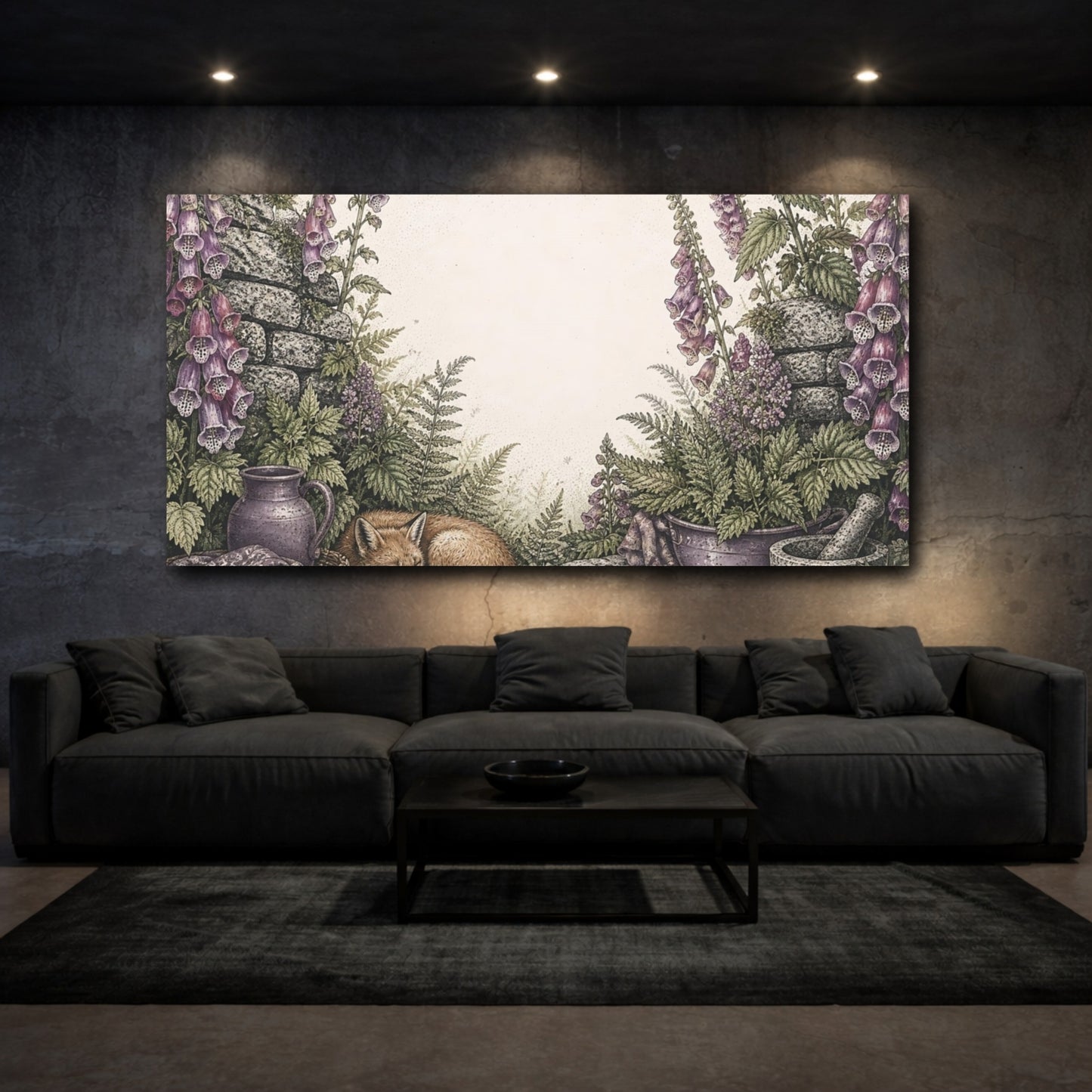 Mockup 3. Sleeping Fox Among Foxgloves shown as canvas print