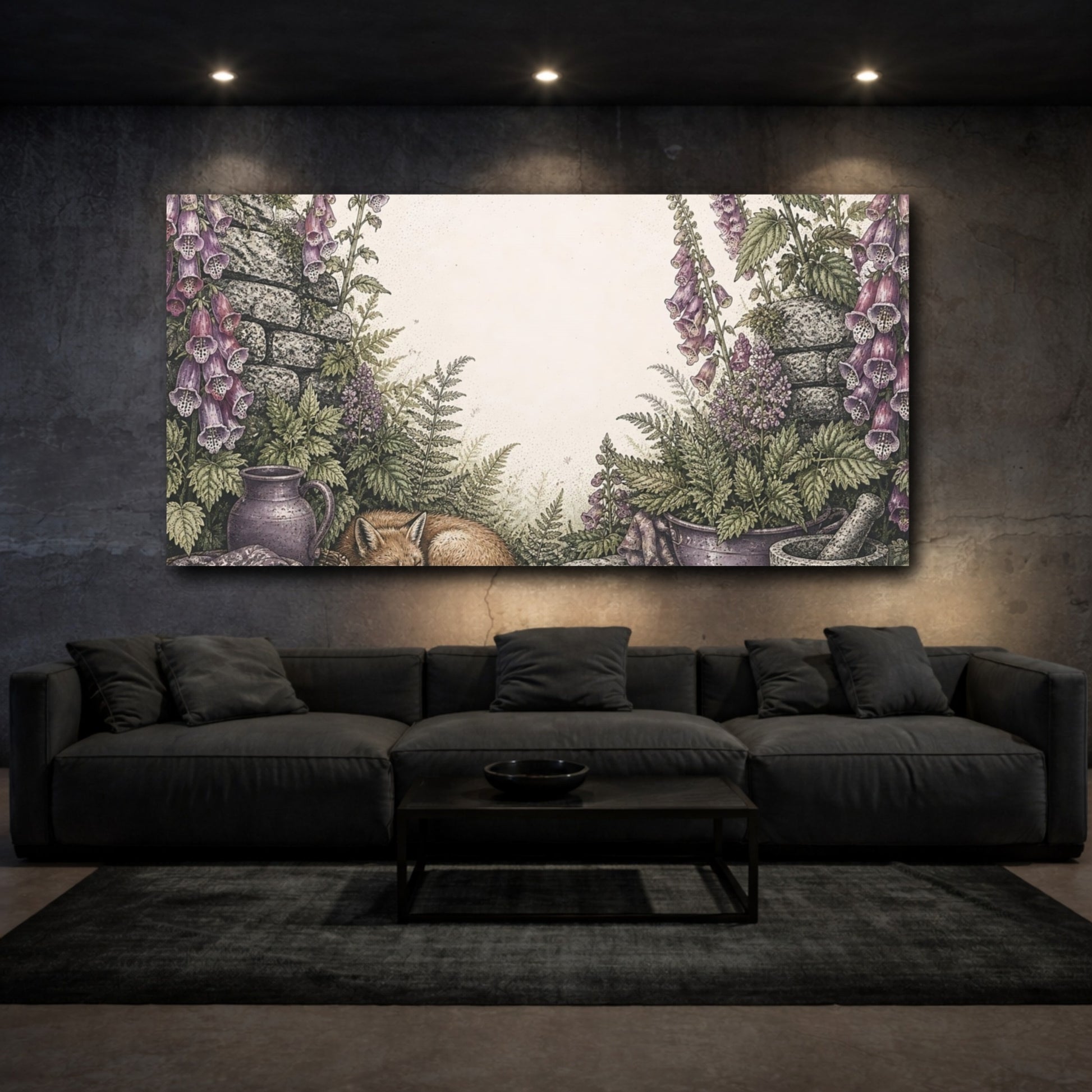 Mockup 3. Sleeping Fox Among Foxgloves shown as canvas print