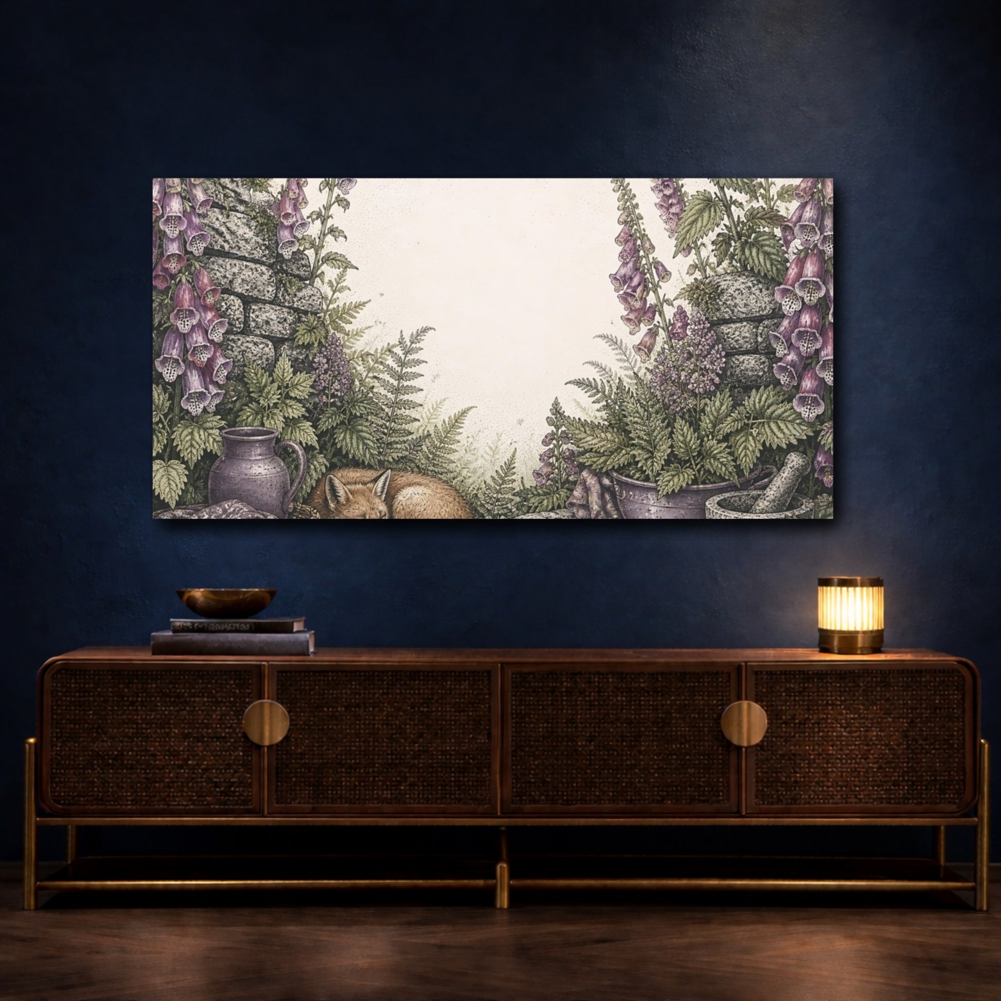 Mockup 4. Sleeping Fox Among Foxgloves shown as canvas print