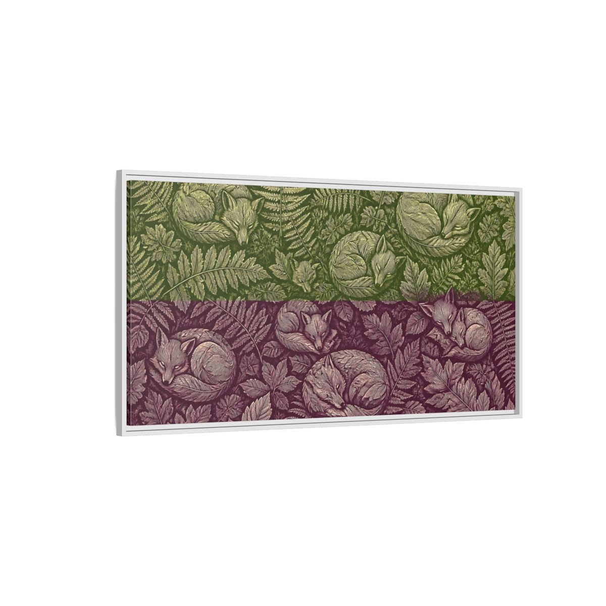 Side Mockup 3. Sleeping Foxes In Ferns shown as framed canvas print