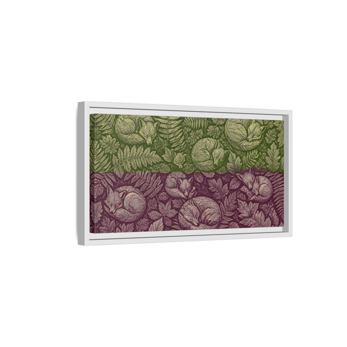 Side Mockup 6. Sleeping Foxes In Ferns shown as framed canvas print