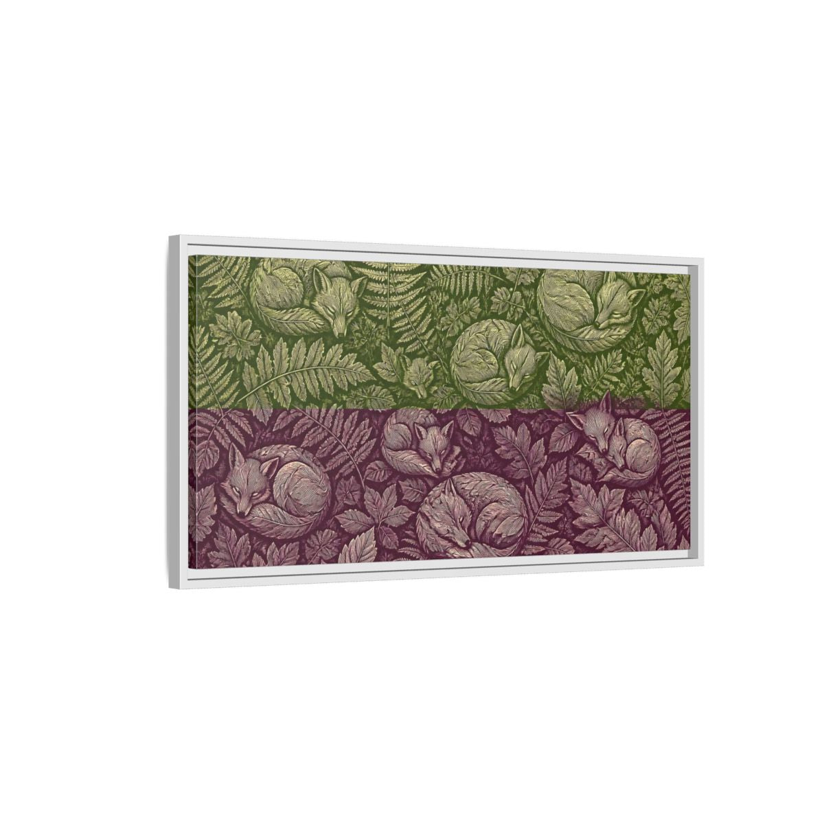 Side Mockup 1. Sleeping Foxes In Ferns shown as framed canvas print