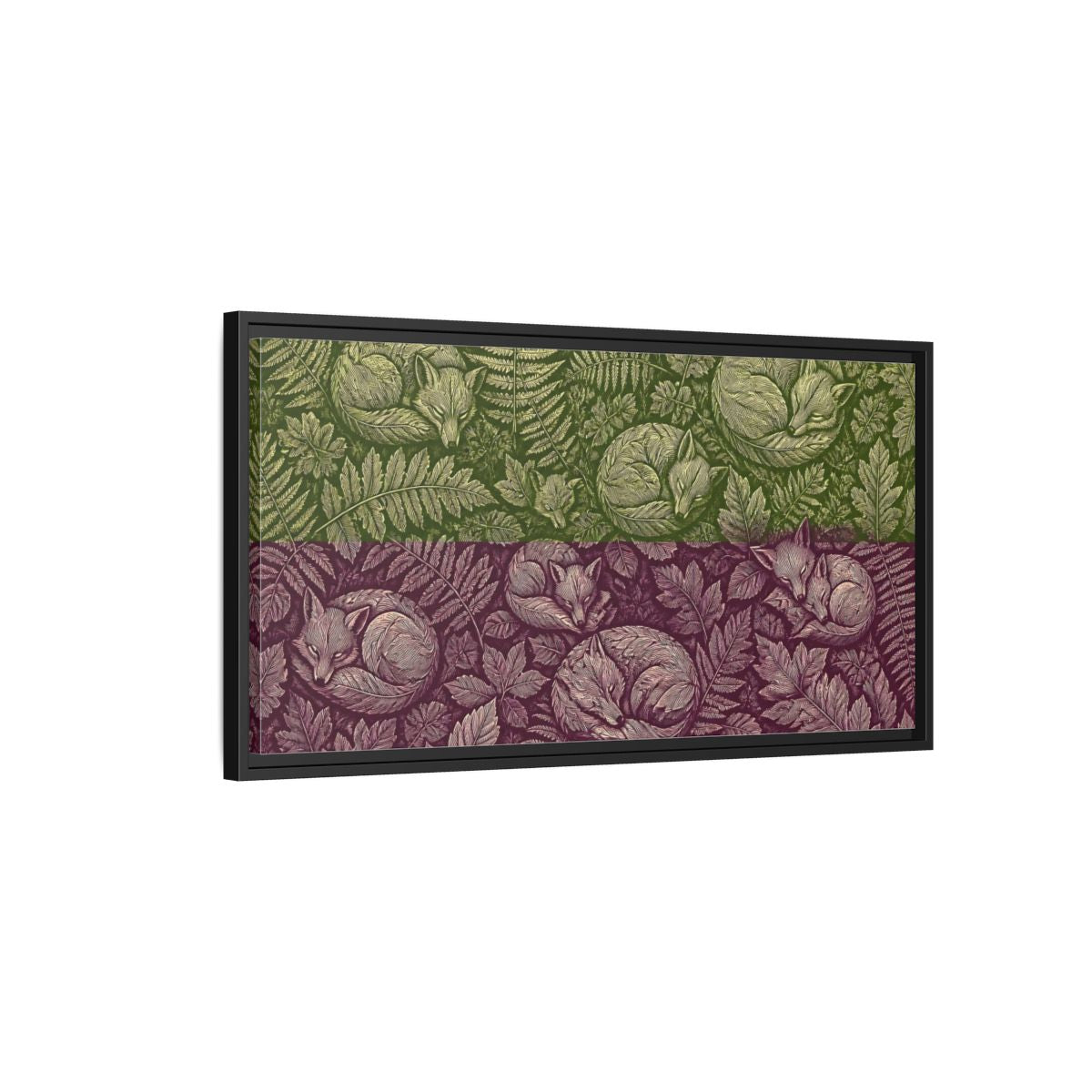 Side Mockup 2. Sleeping Foxes In Ferns shown as framed canvas print
