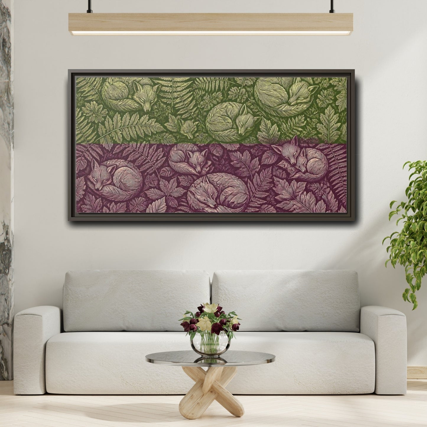 Mockup 2. Sleeping Foxes In Ferns shown as framed canvas print