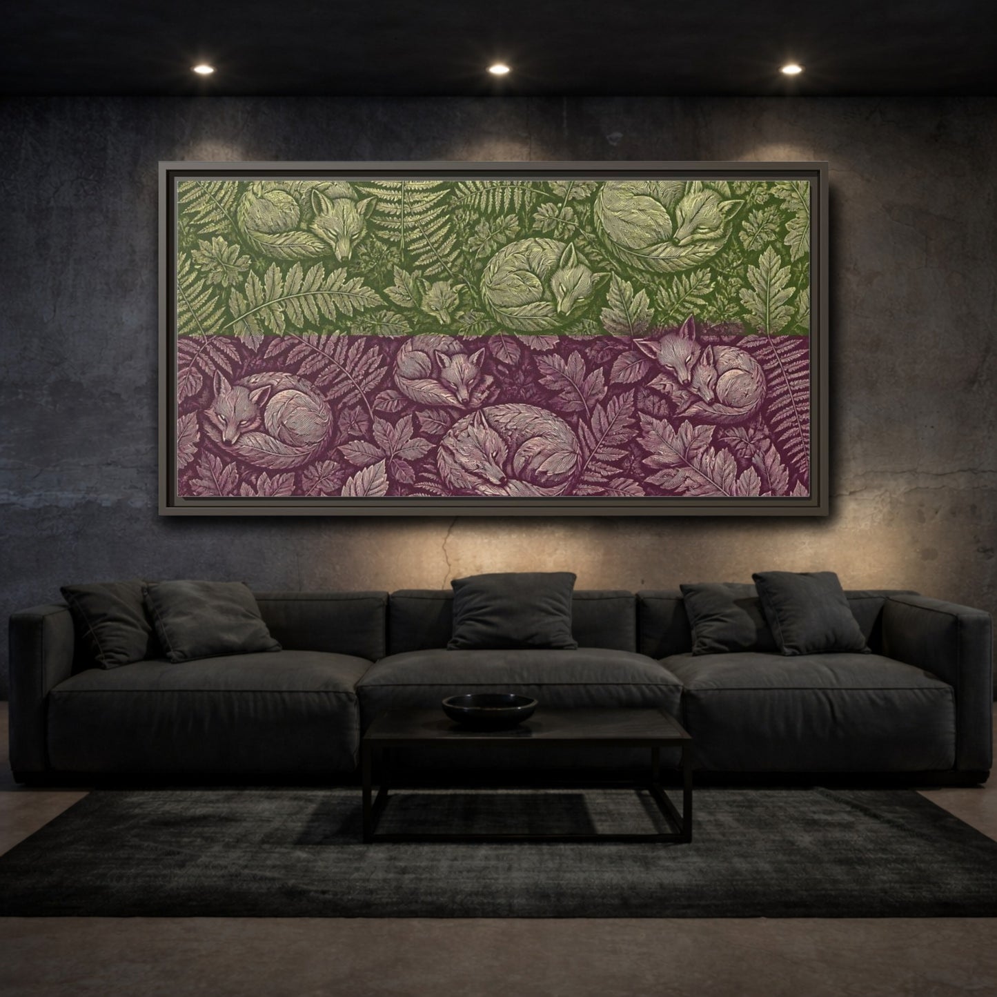 Mockup 3. Sleeping Foxes In Ferns shown as framed canvas print