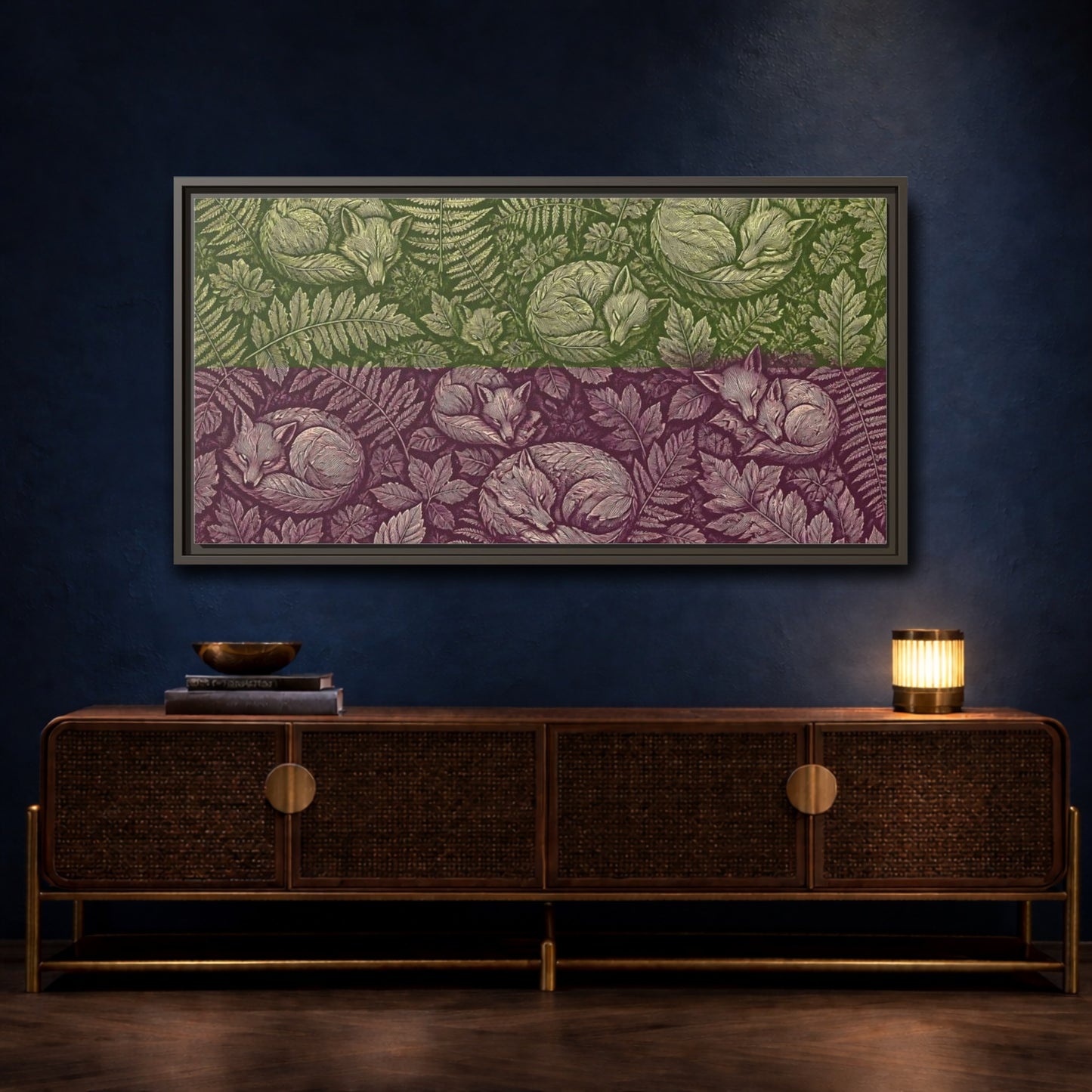 Mockup 4. Sleeping Foxes In Ferns shown as framed canvas print