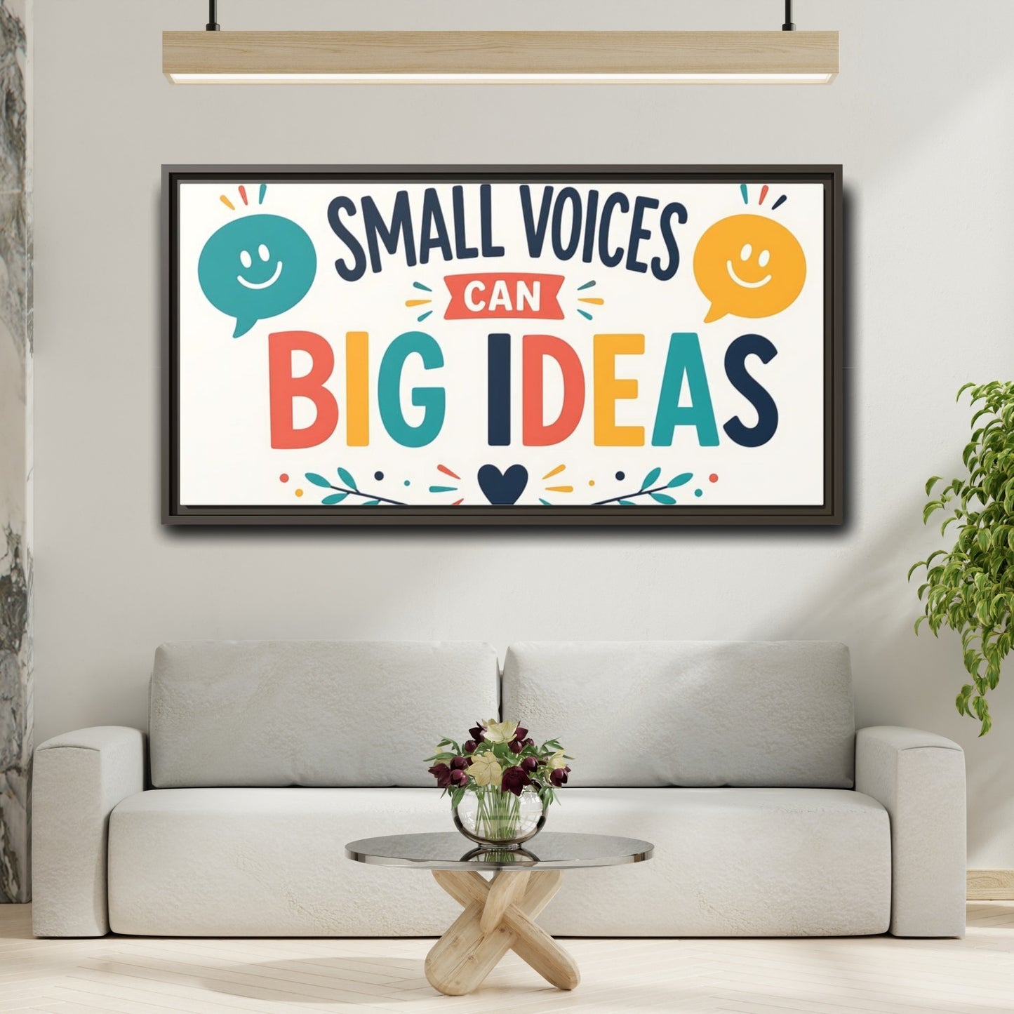 Mockup 2. Small Voices Big Ideas shown as framed canvas print