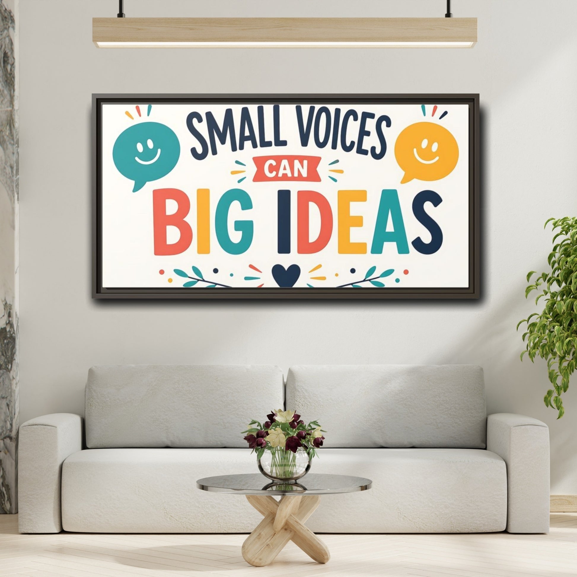 Mockup 2. Small Voices Big Ideas shown as framed canvas print