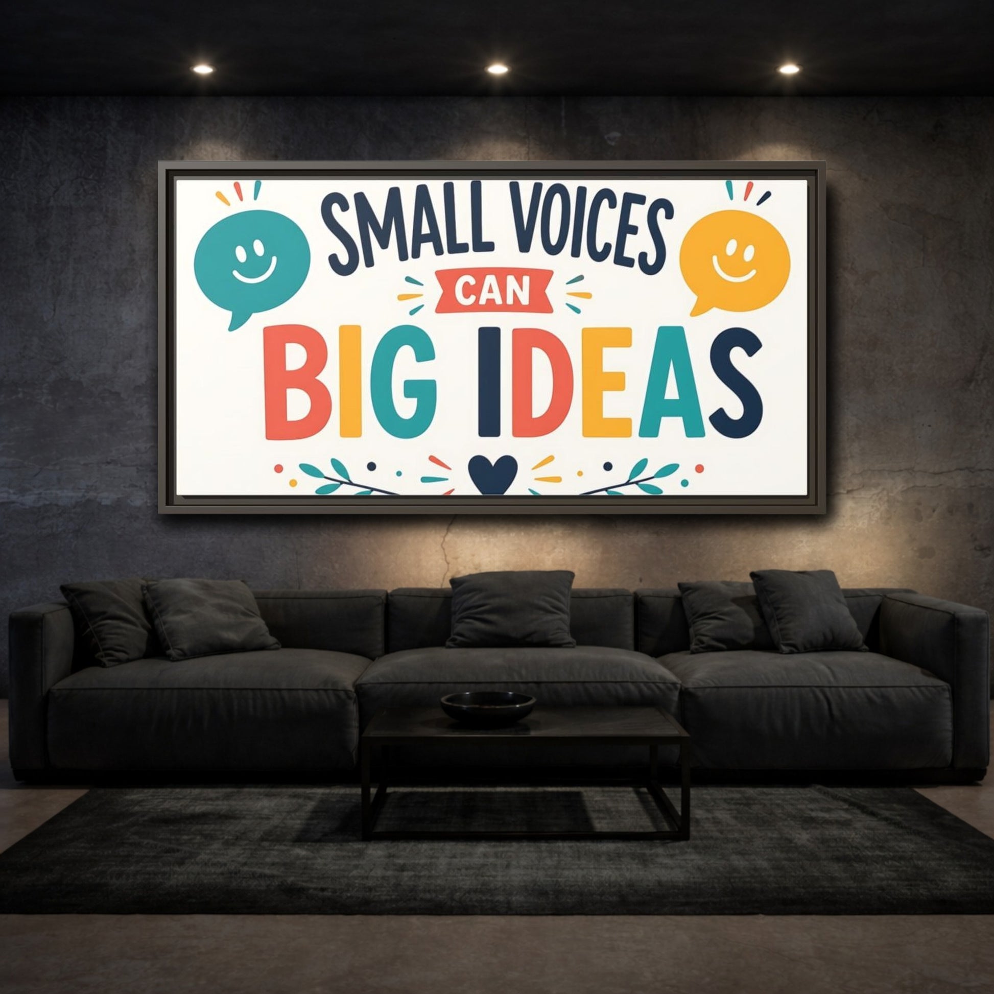 Mockup 3. Small Voices Big Ideas shown as framed canvas print
