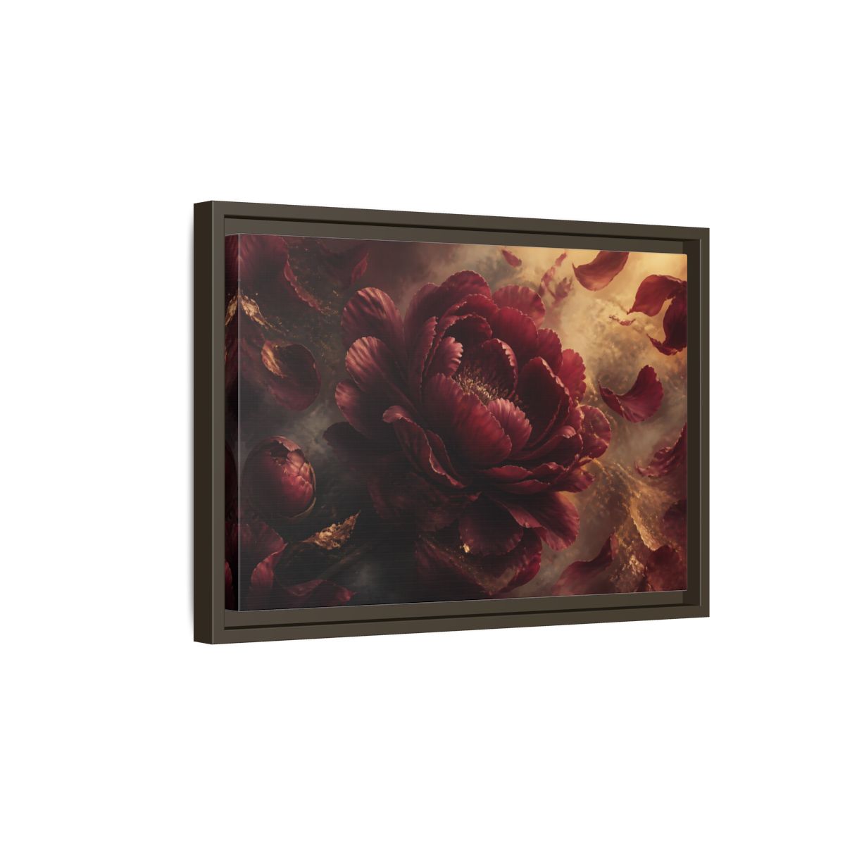Side Mockup 5. Smoky Burgundy Peony shown as framed canvas print