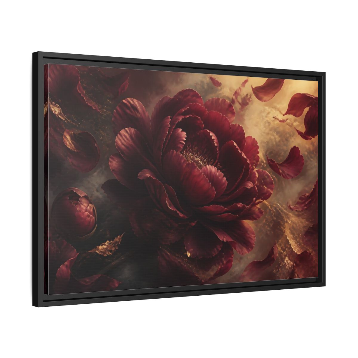 Side Mockup 14. Smoky Burgundy Peony shown as framed canvas print