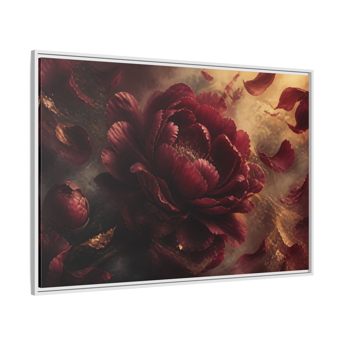 Side Mockup 7. Smoky Burgundy Peony shown as framed canvas print
