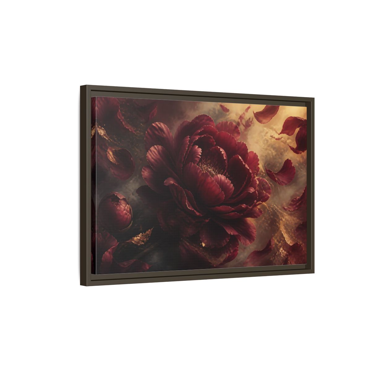 Side Mockup 2. Smoky Burgundy Peony shown as framed canvas print