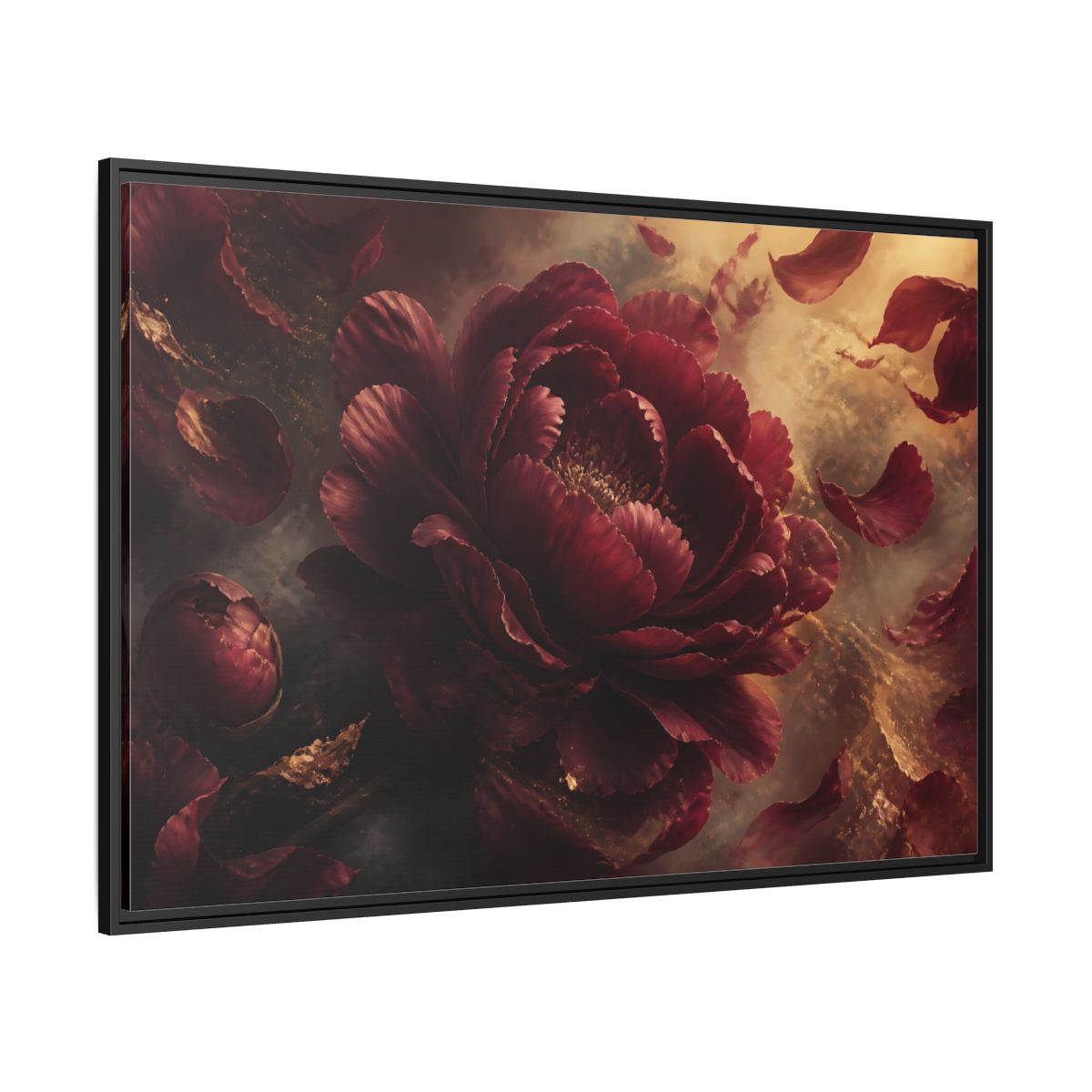 Side Mockup 12. Smoky Burgundy Peony shown as framed canvas print