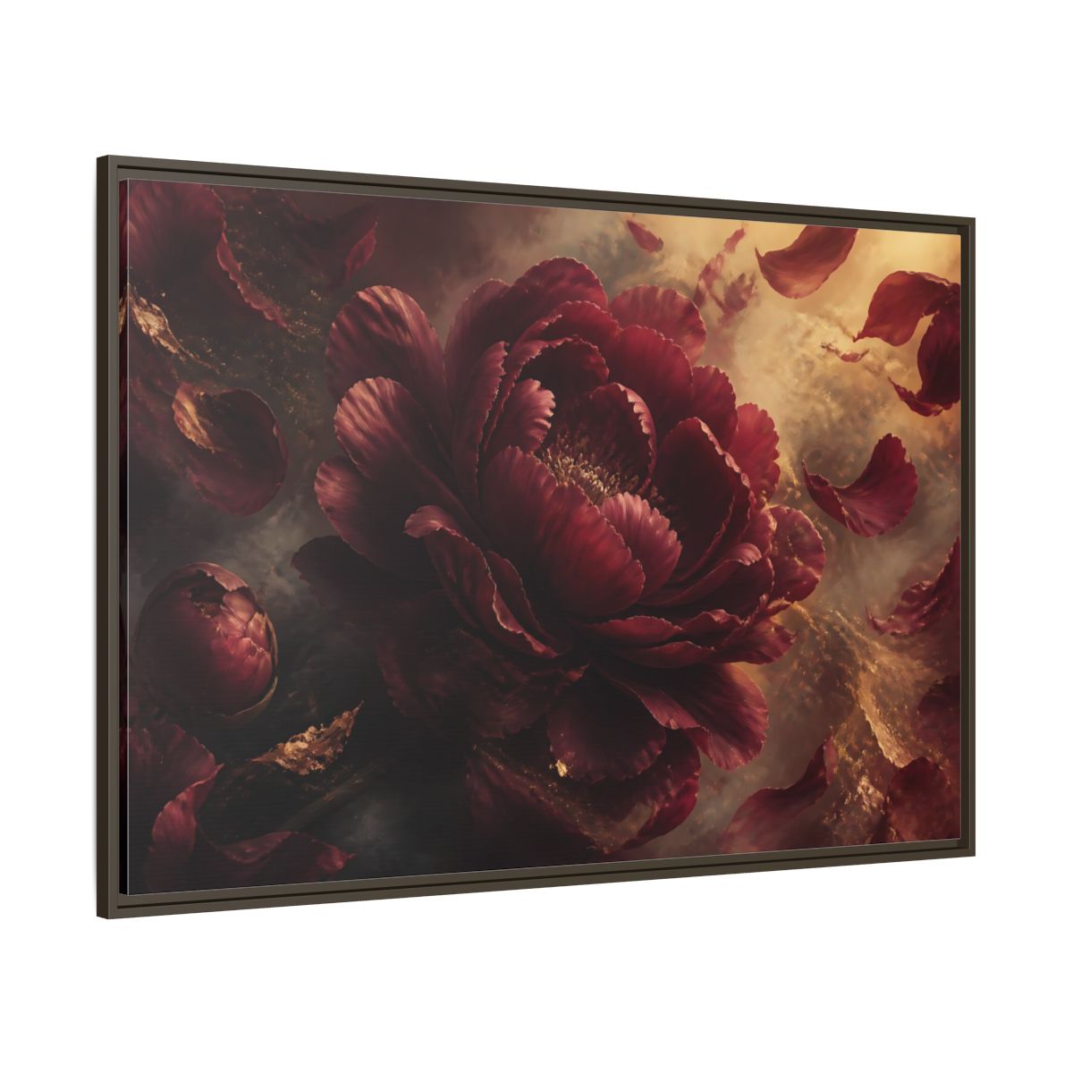 Side Mockup 8. Smoky Burgundy Peony shown as framed canvas print