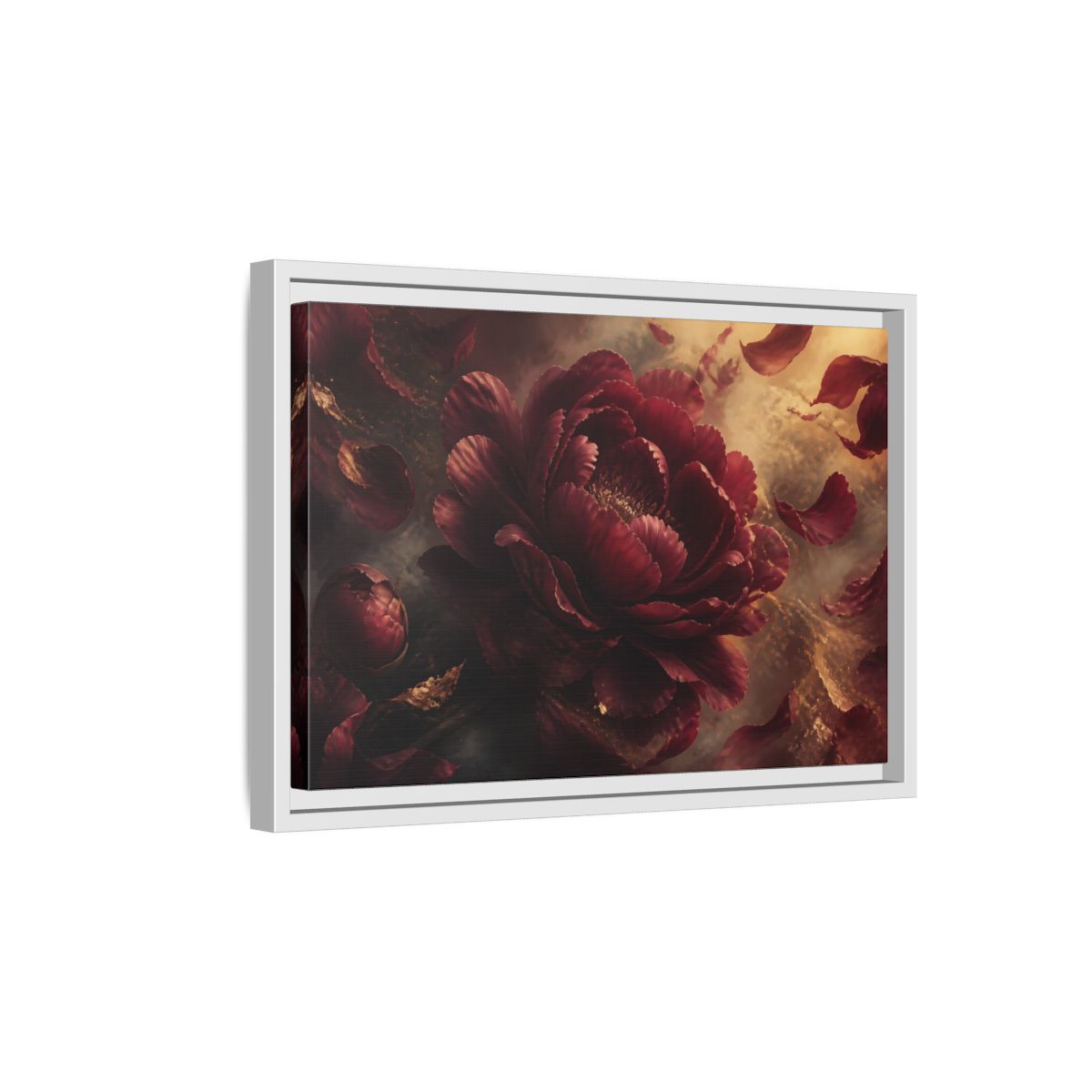 Side Mockup 4. Smoky Burgundy Peony shown as framed canvas print