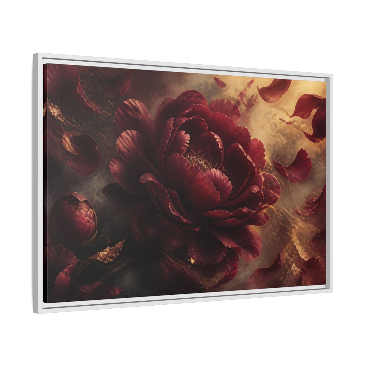 Side Mockup 9. Smoky Burgundy Peony shown as framed canvas print