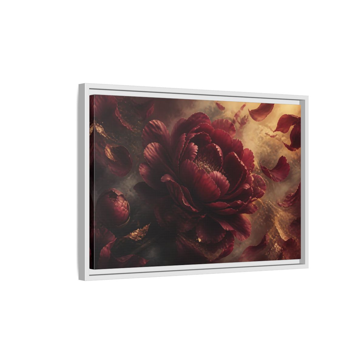 Side Mockup 1. Smoky Burgundy Peony shown as framed canvas print