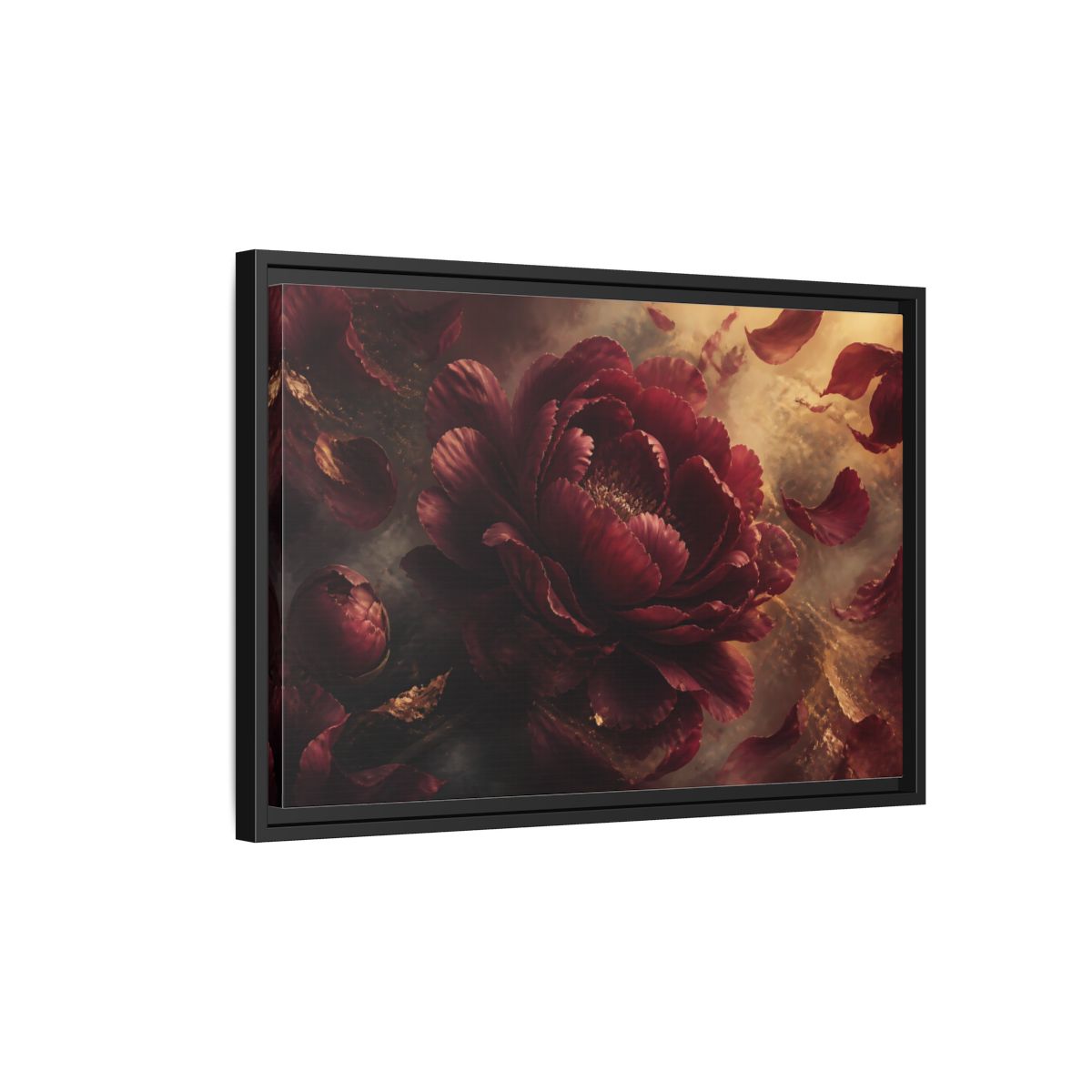 Side Mockup 3. Smoky Burgundy Peony shown as framed canvas print