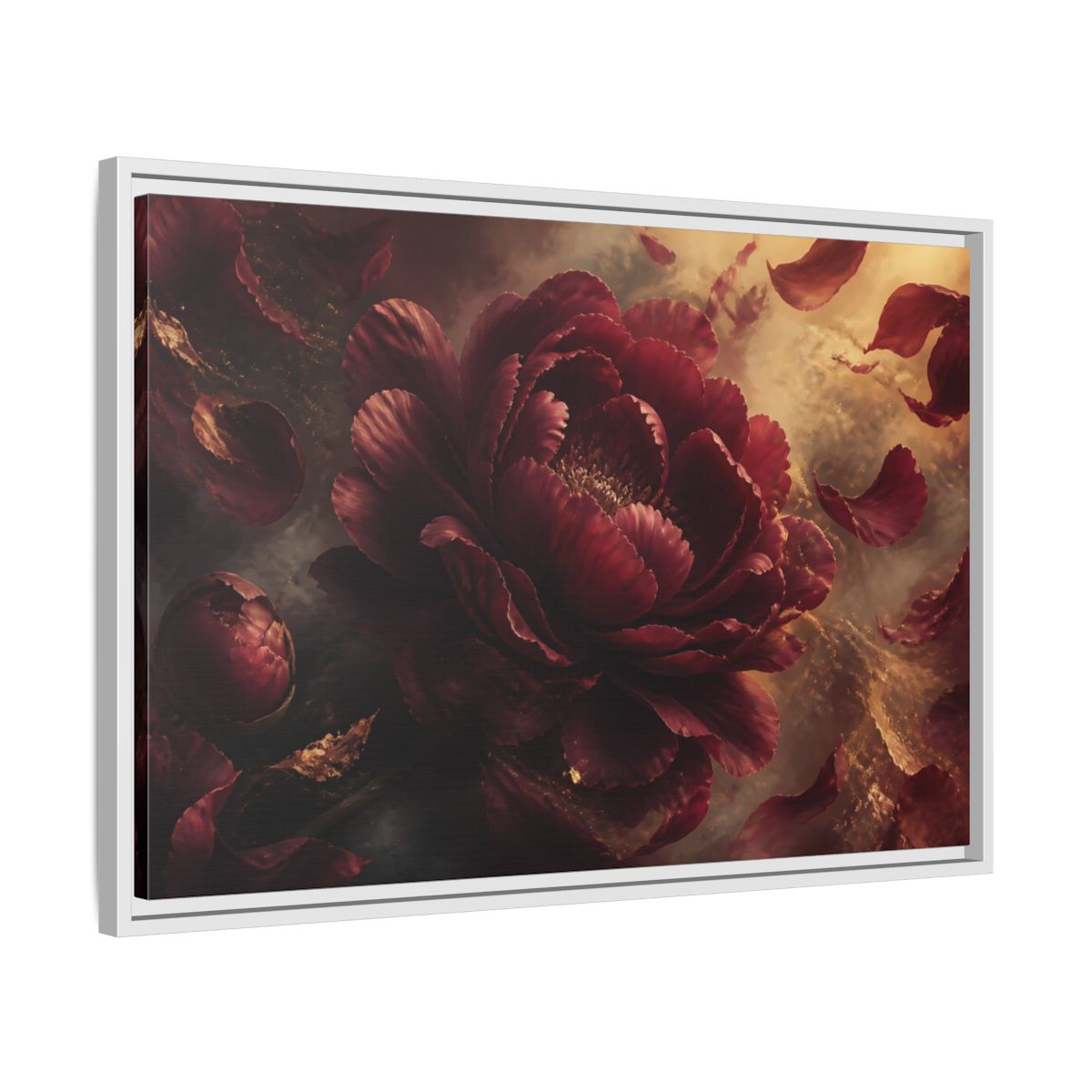 Side Mockup 10. Smoky Burgundy Peony shown as framed canvas print