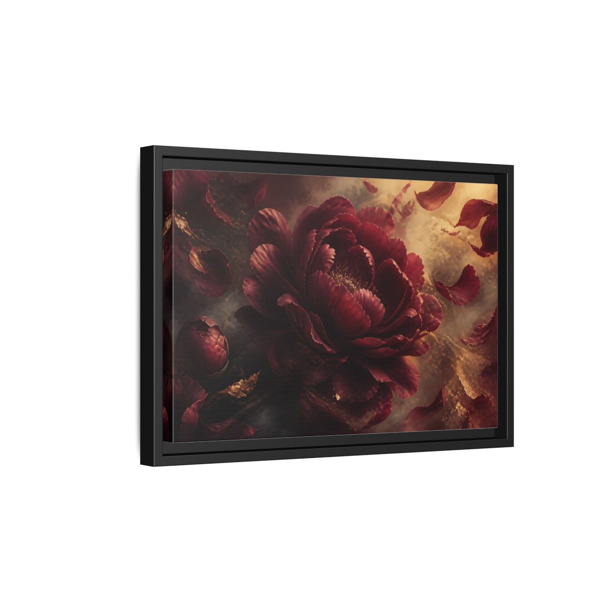 Side Mockup 6. Smoky Burgundy Peony shown as framed canvas print