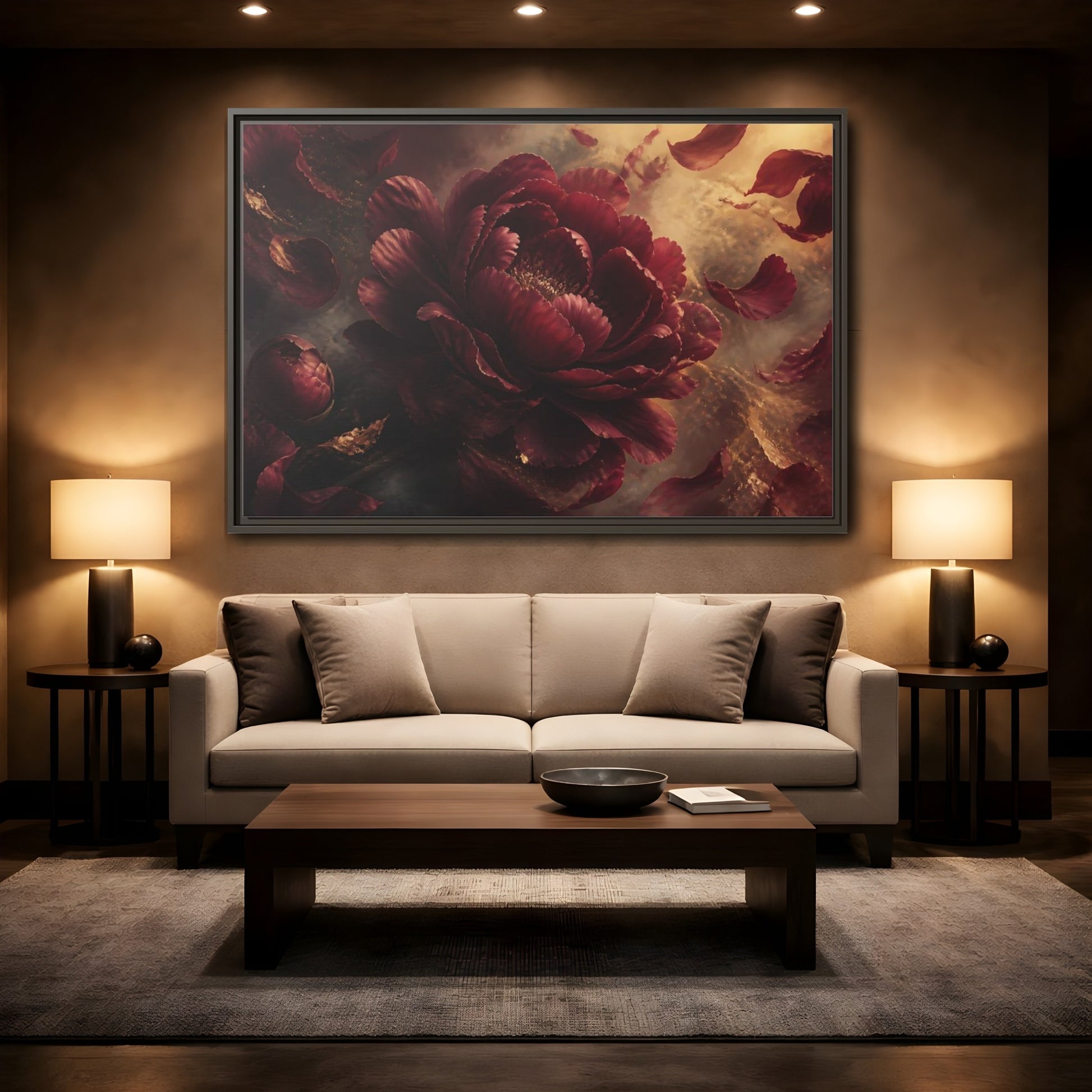 Mockup 2. Smoky Burgundy Peony shown as framed canvas print