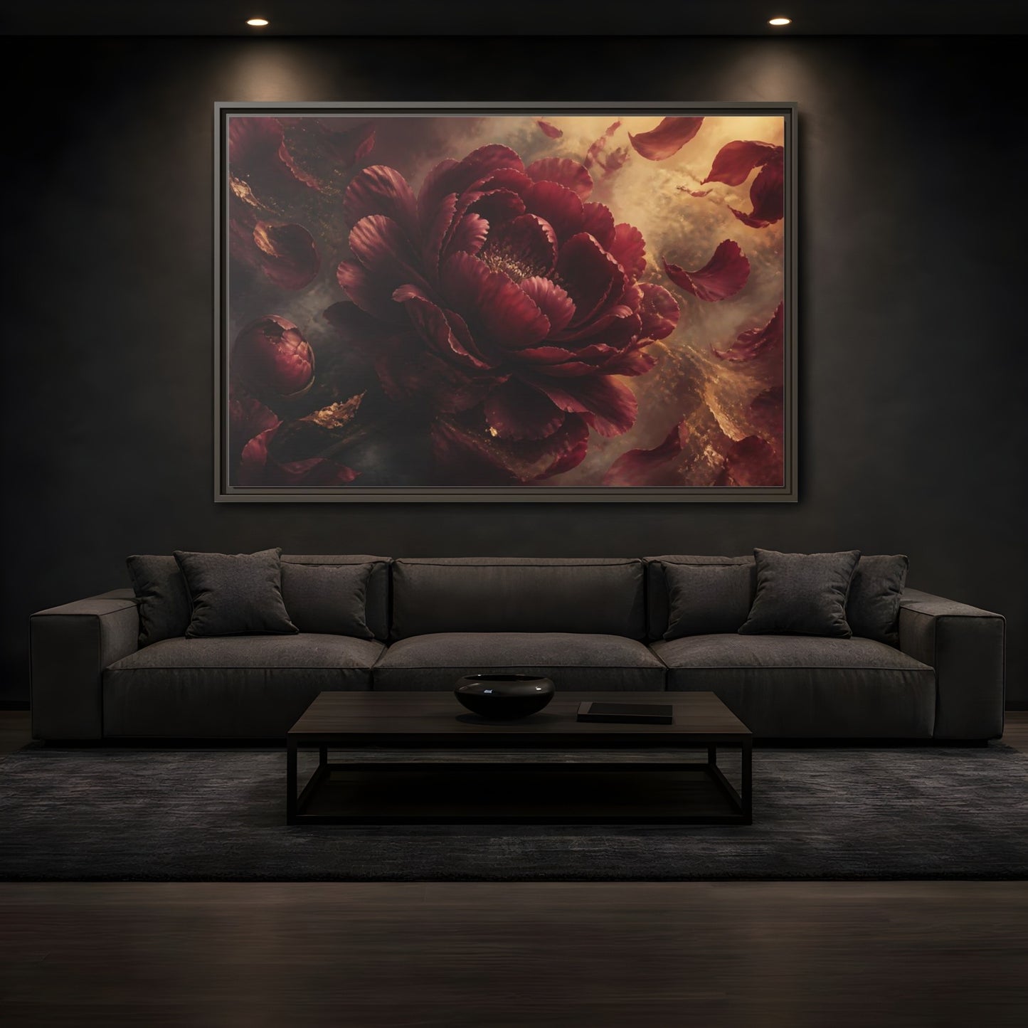 Mockup 3. Smoky Burgundy Peony shown as framed canvas print