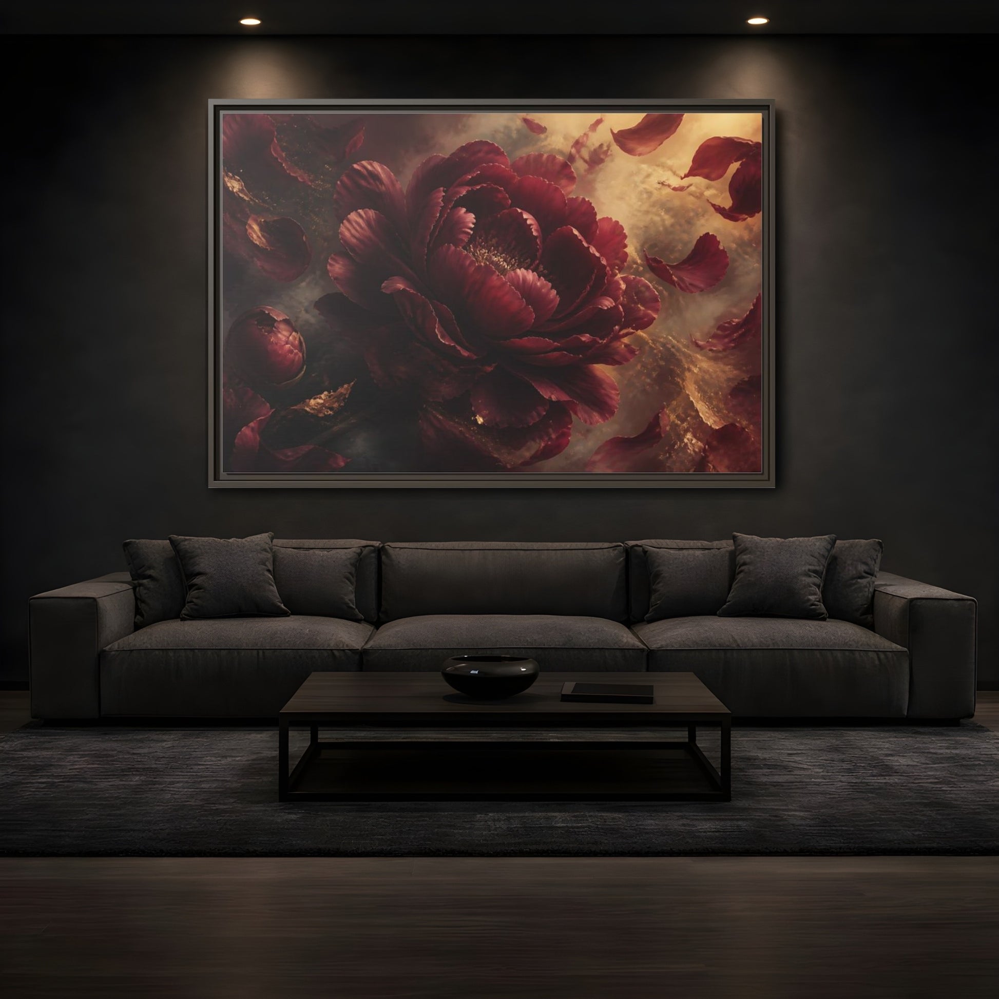 Mockup 3. Smoky Burgundy Peony shown as framed canvas print