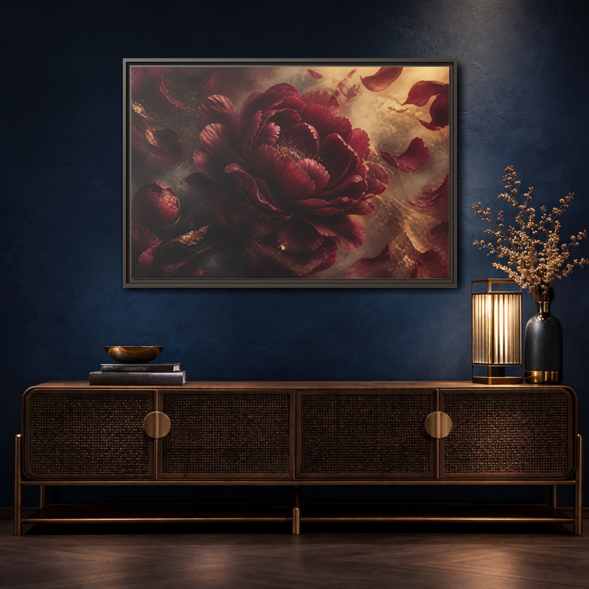 Mockup 4. Smoky Burgundy Peony shown as framed canvas print
