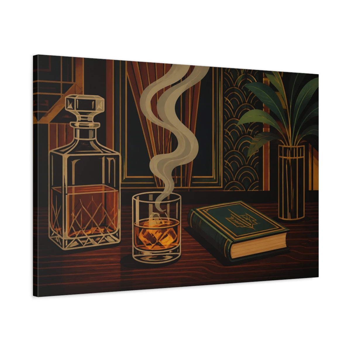 Main Mockup. Smoky Whiskey & Book shown as canvas print