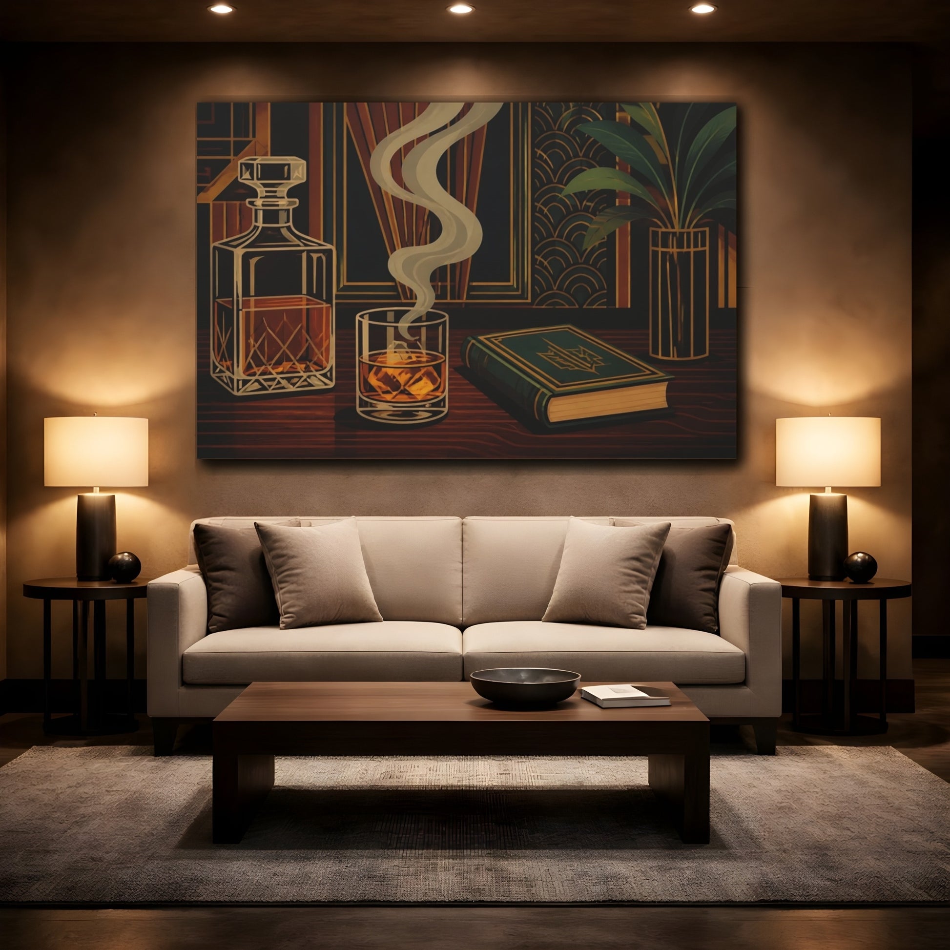 Mockup 2. Smoky Whiskey & Book shown as canvas print