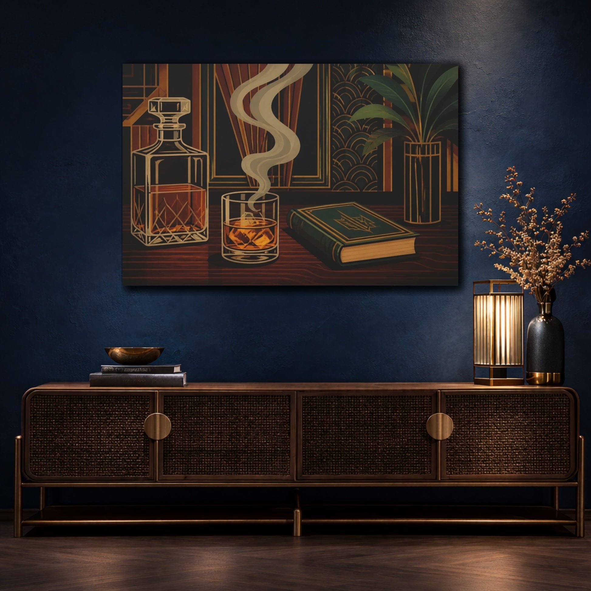 Mockup 4. Smoky Whiskey & Book shown as canvas print