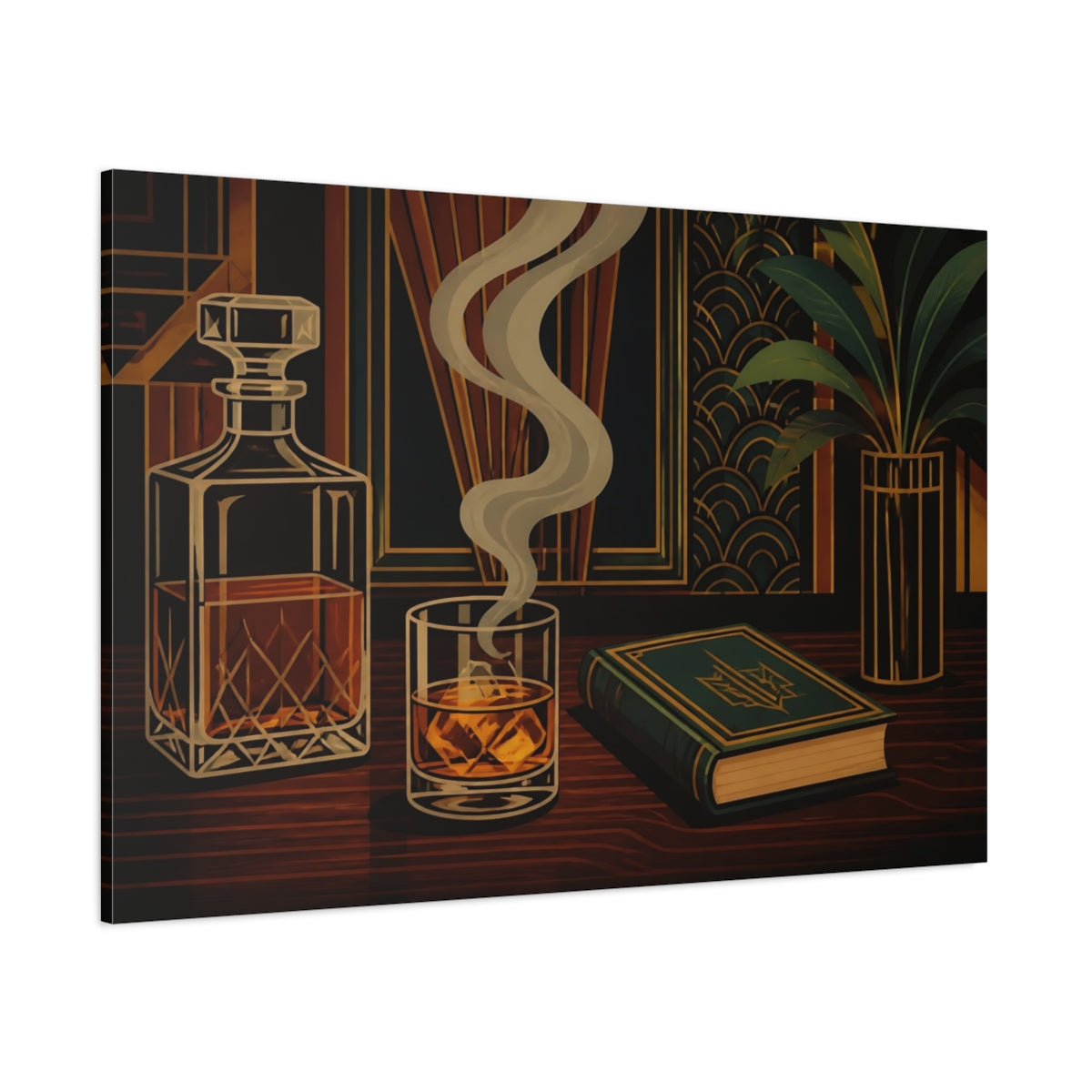 Side Mockup 1. Smoky Whiskey & Book shown as canvas print