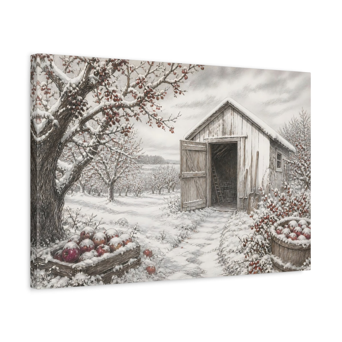 Side Mockup 3. Snow-Covered Orchard Shed shown as canvas print
