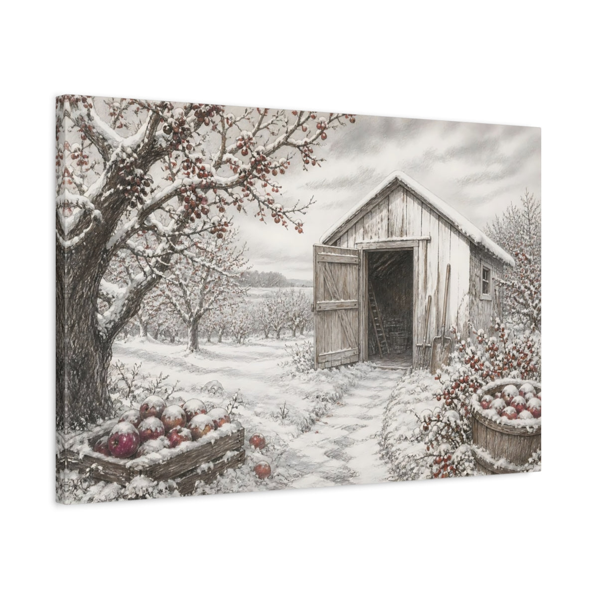 Side Mockup 2. Snow-Covered Orchard Shed shown as canvas print