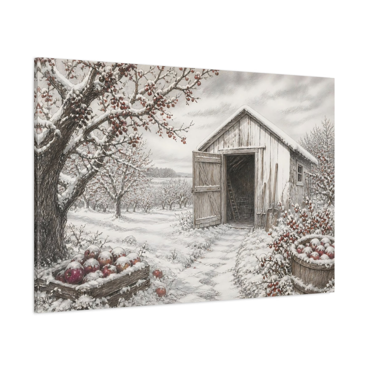 Side Mockup 1. Snow-Covered Orchard Shed shown as canvas print
