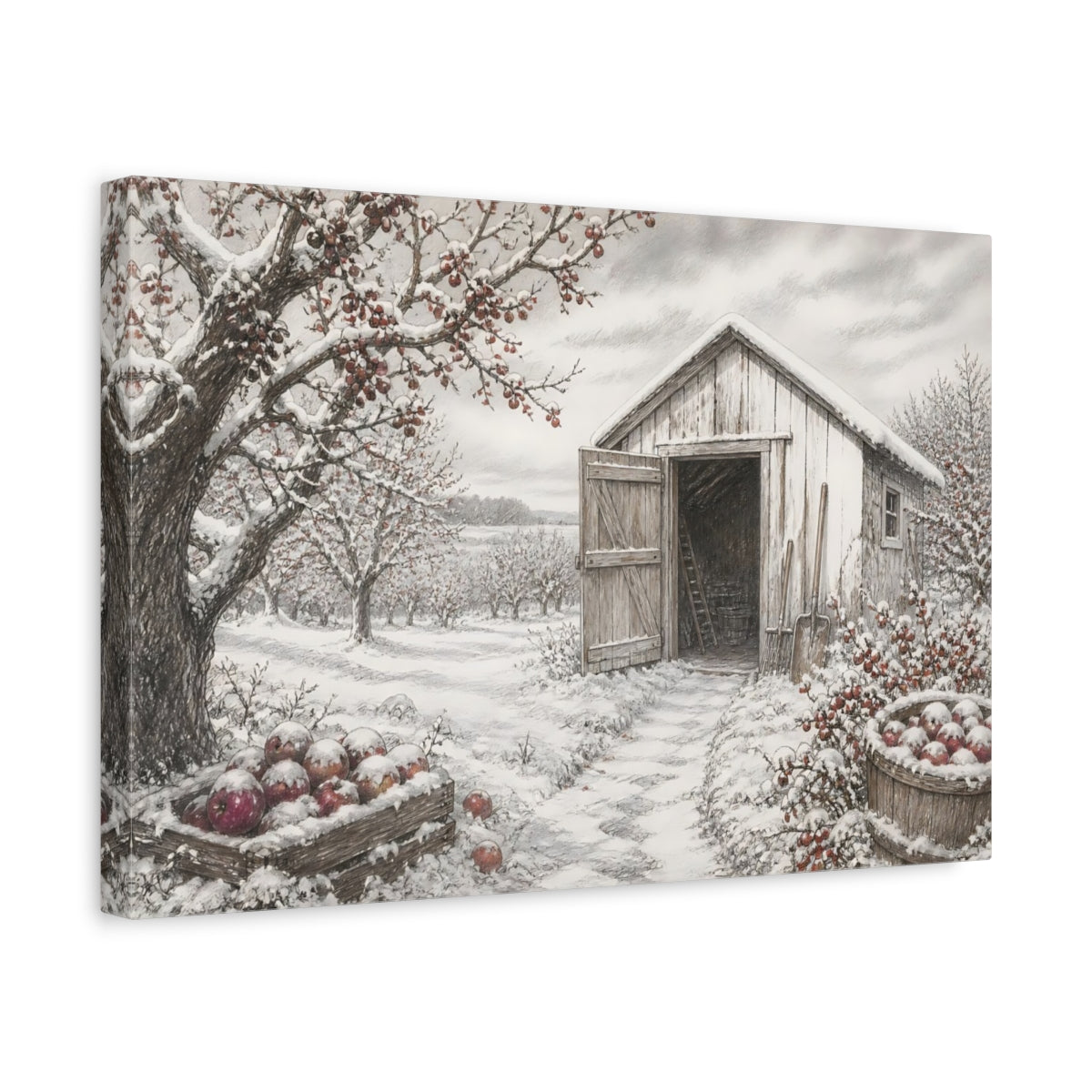 Side Mockup 4. Snow-Covered Orchard Shed shown as canvas print