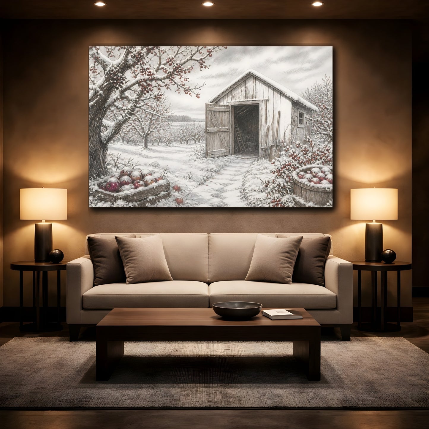 Mockup 2. Snow-Covered Orchard Shed shown as canvas print
