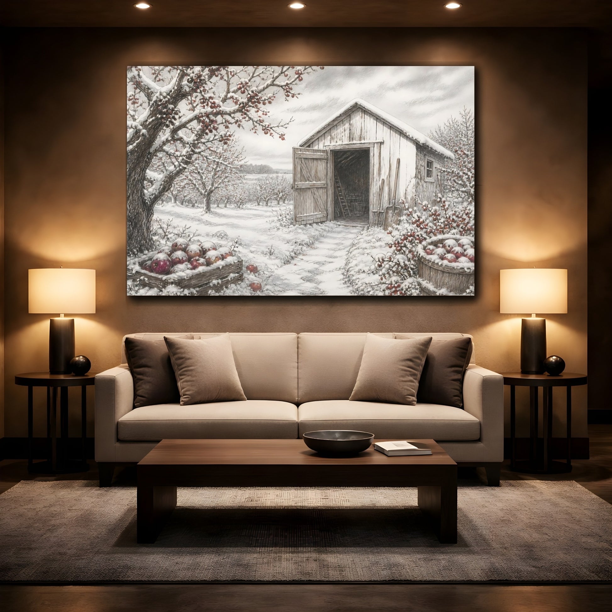 Mockup 2. Snow-Covered Orchard Shed shown as canvas print