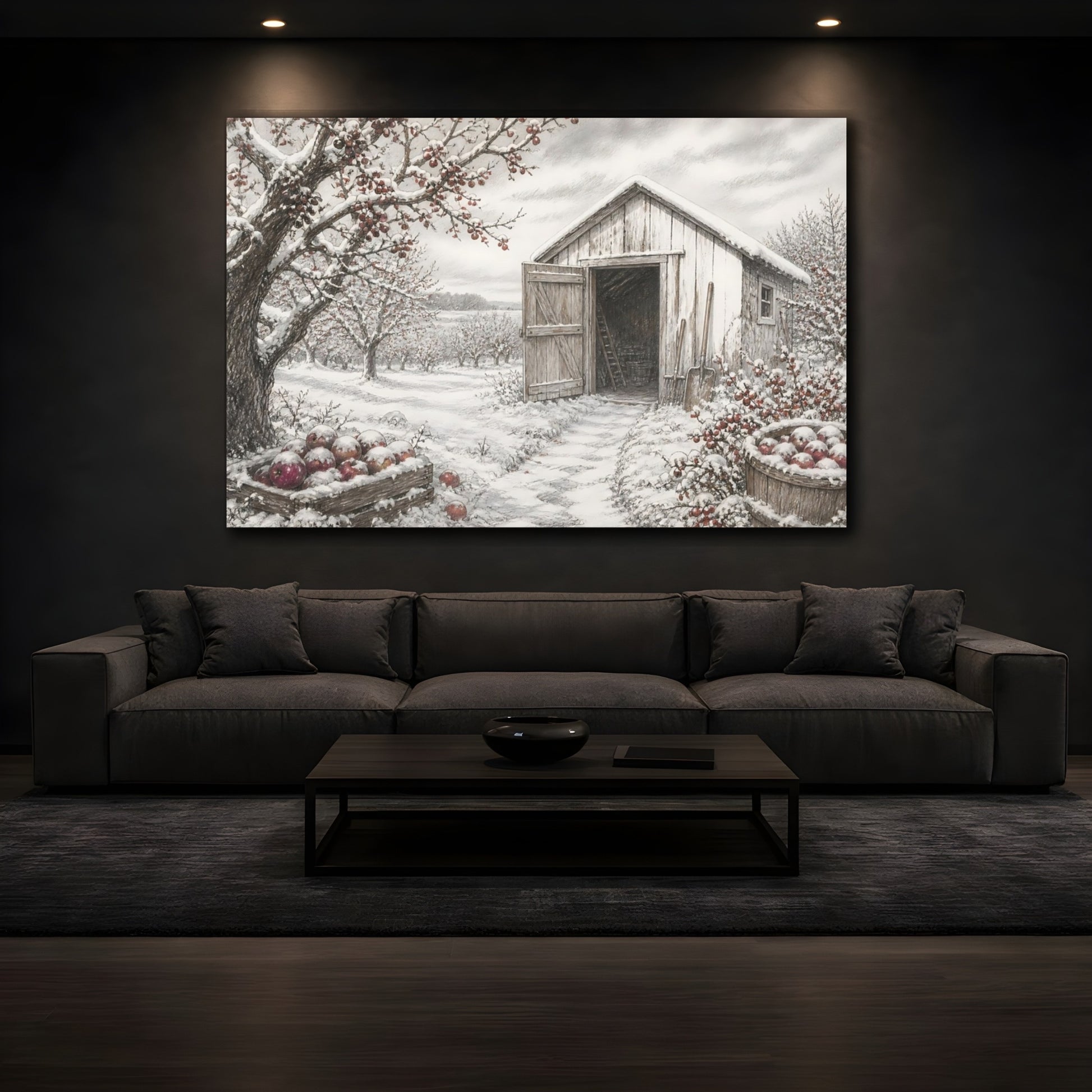 Mockup 3. Snow-Covered Orchard Shed shown as canvas print