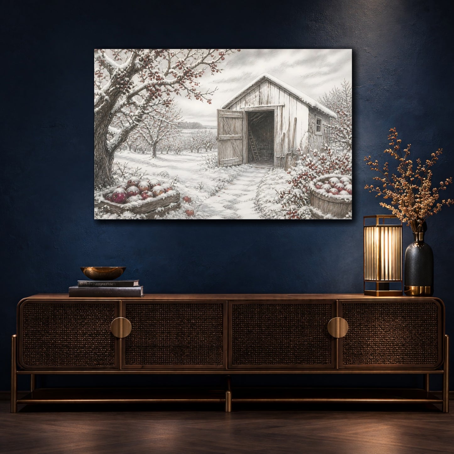 Mockup 4. Snow-Covered Orchard Shed shown as canvas print