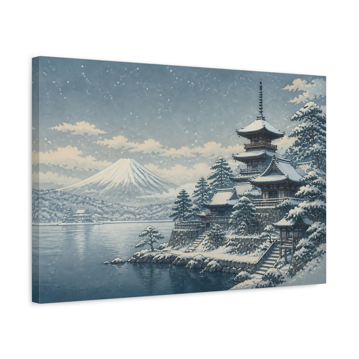 Side Mockup 3. Snow-Covered Pagoda By Mt. Fuji shown as canvas print