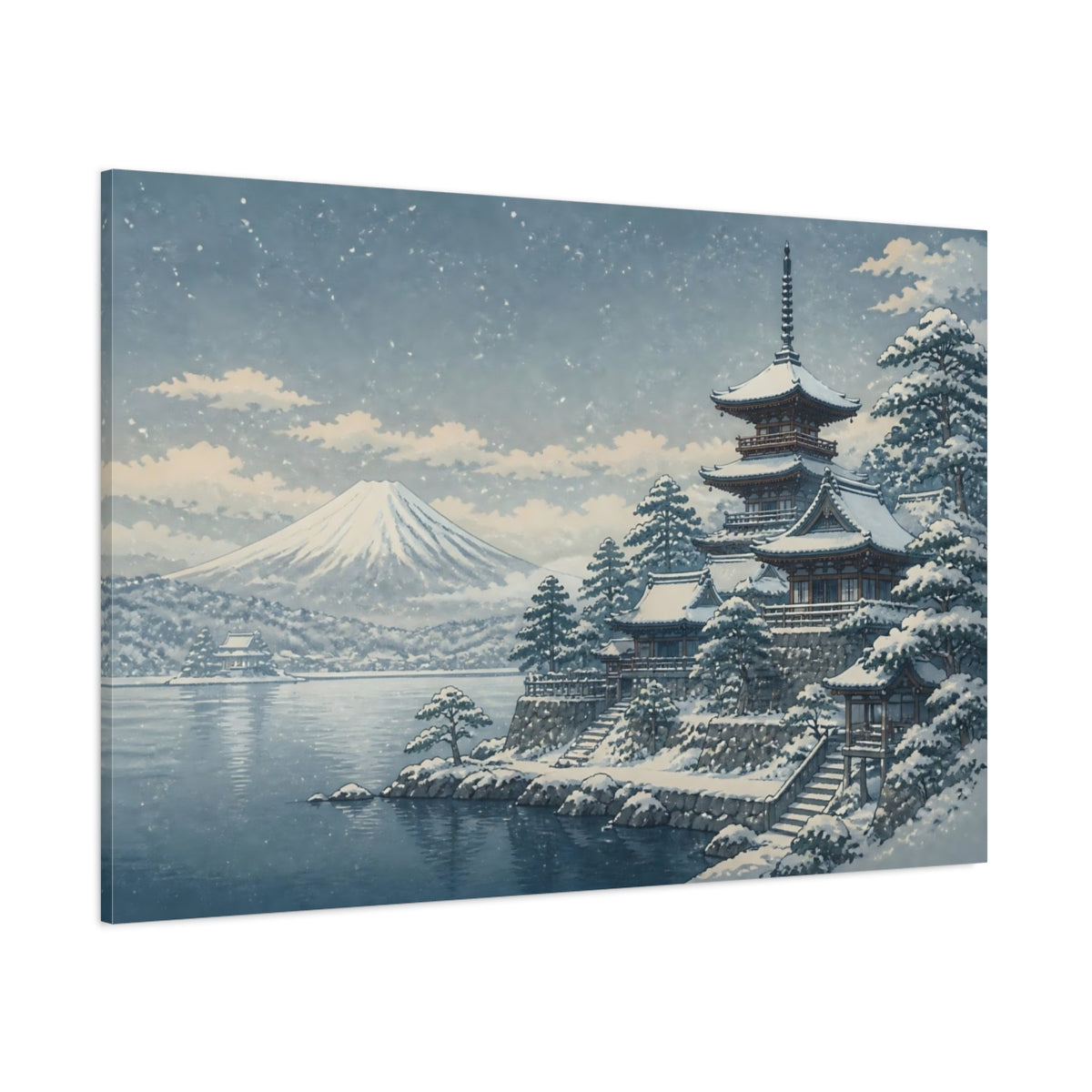 Side Mockup 1. Snow-Covered Pagoda By Mt. Fuji shown as canvas print