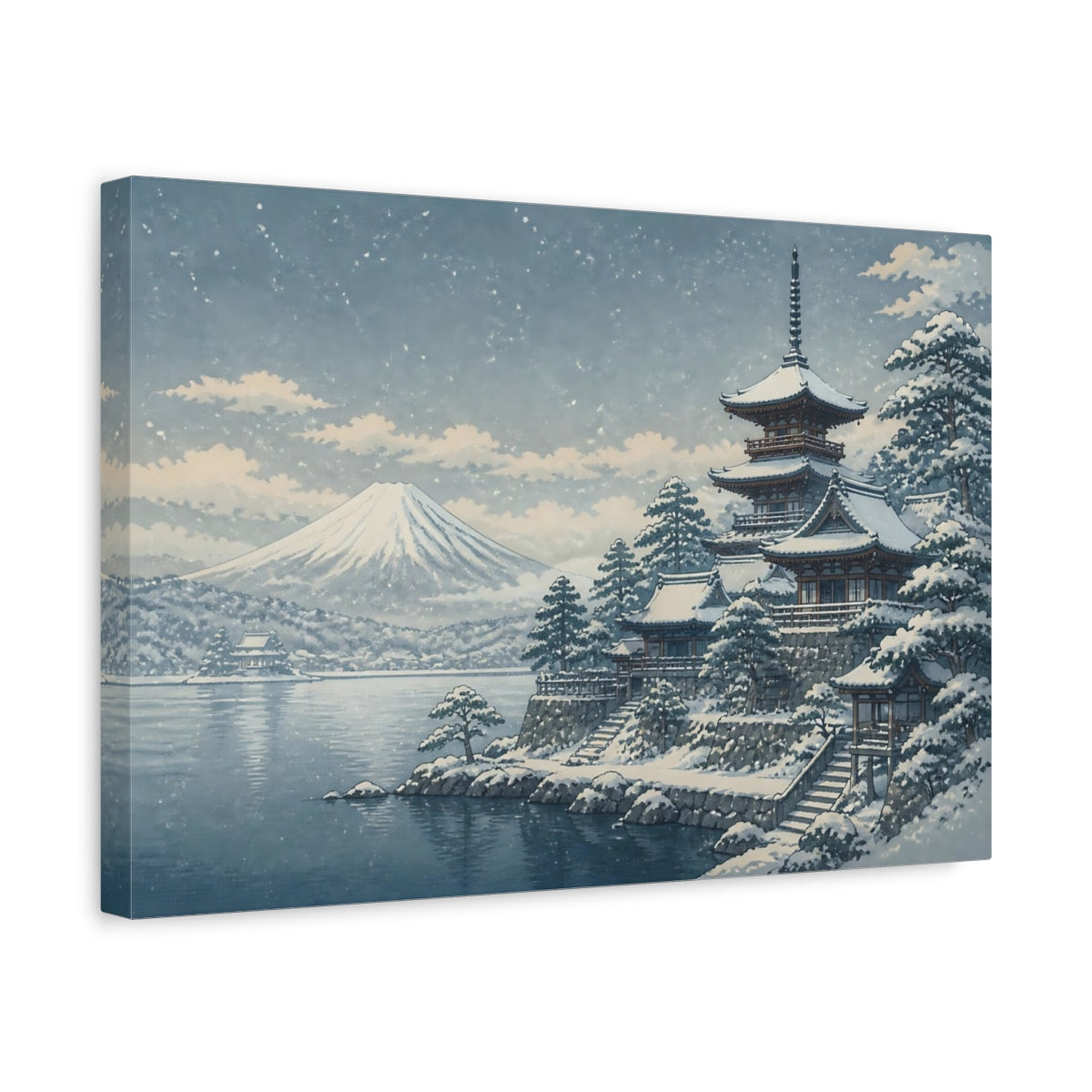 Side Mockup 4. Snow-Covered Pagoda By Mt. Fuji shown as canvas print
