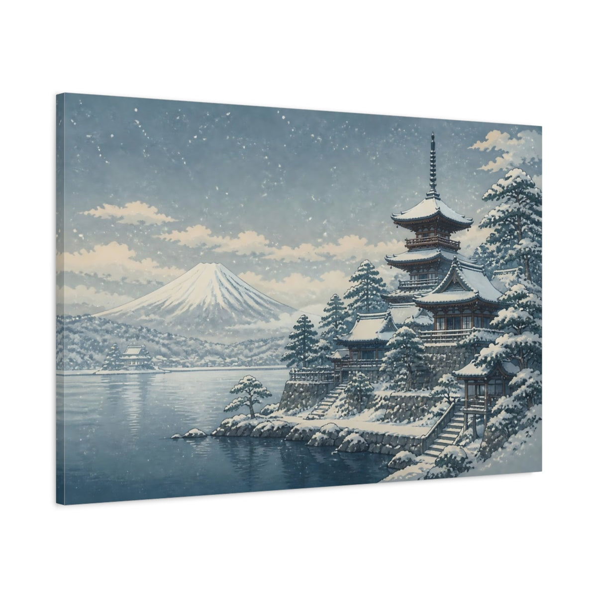 Main Mockup. Snow-Covered Pagoda By Mt. Fuji shown as canvas print